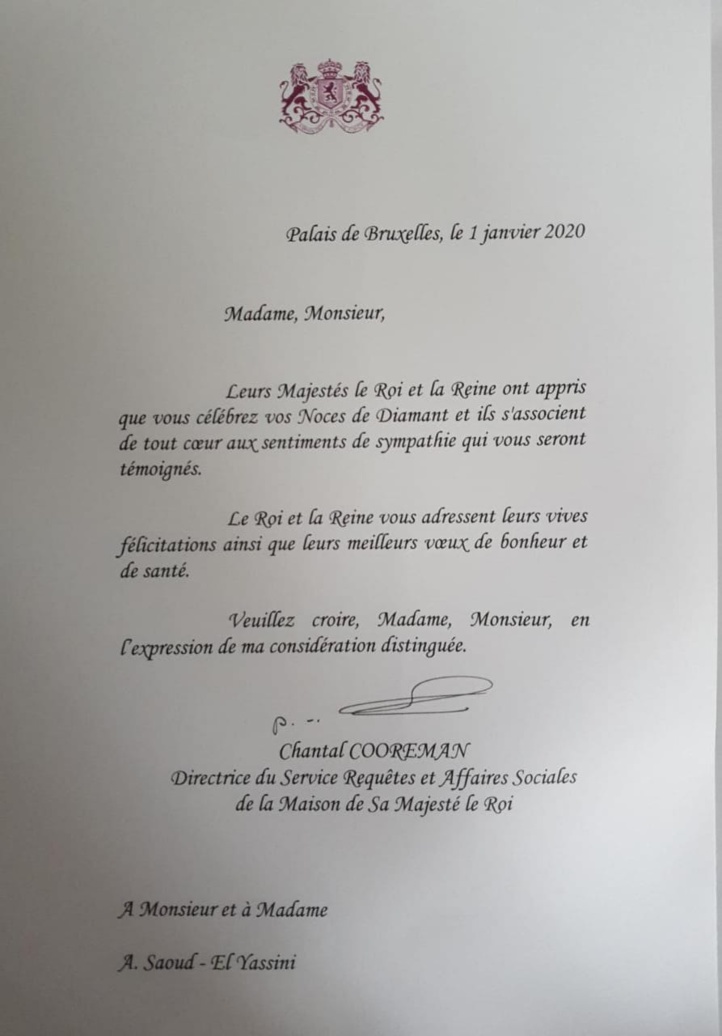 Copie de la lettre Royale de félicitations