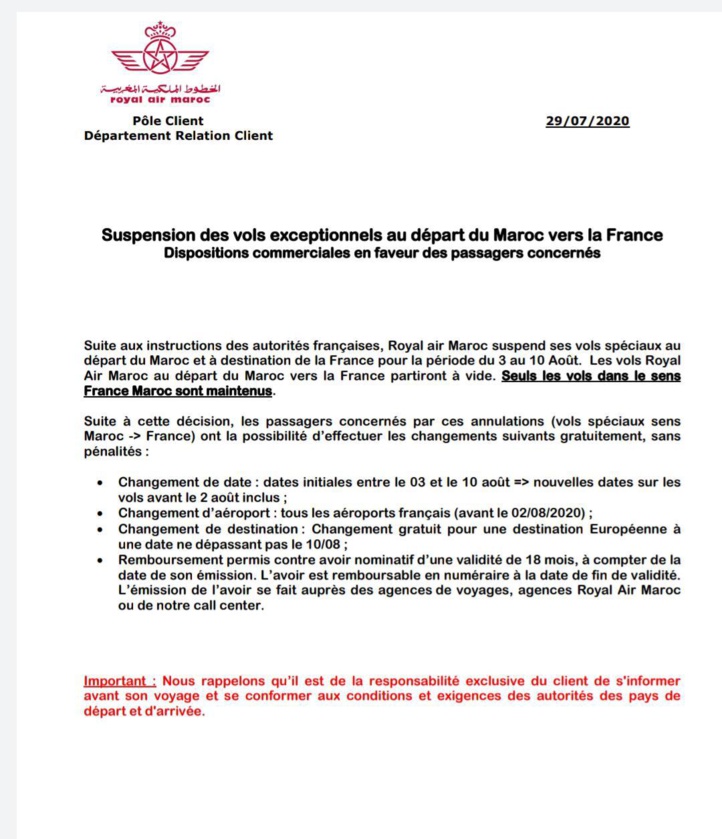 La RAM suspend ses vols vers la France La RAM suspend ses vols vers la France