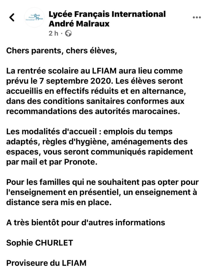 Message initial de la proviseure du LFIAM avant sa modification