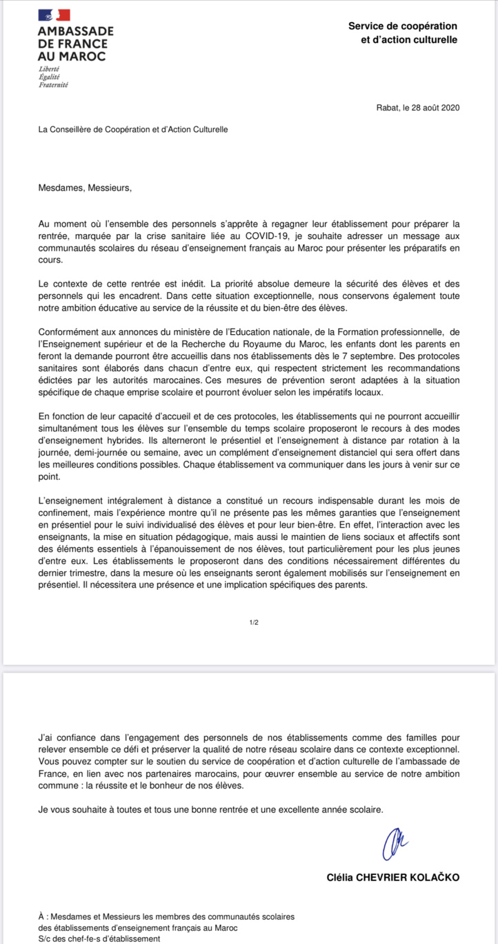 Rentrée scolaire: La mission française opte pour le présentiel déguisé en distanciel Rentrée scolaire: La mission française opte pour le présentiel déguisé en distanciel
