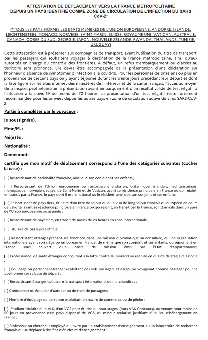 Voyage en France : nouveau modèle de l’attestation de déplacement international