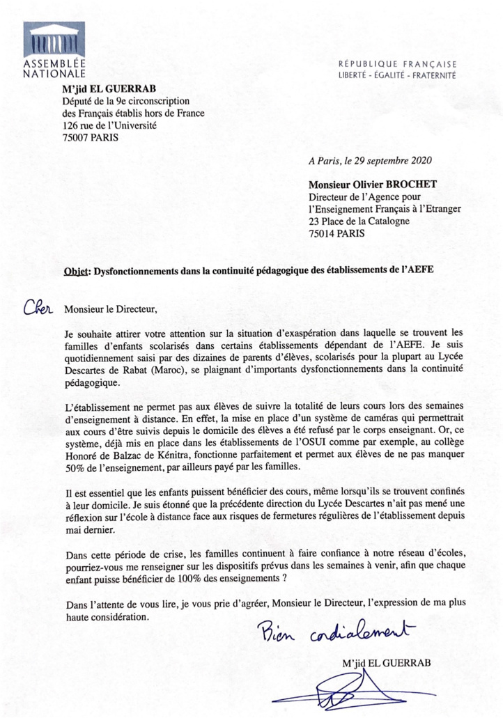 El Guerrab interpelle l'AEFE sur les dysfonctionnements des écoles françaises 