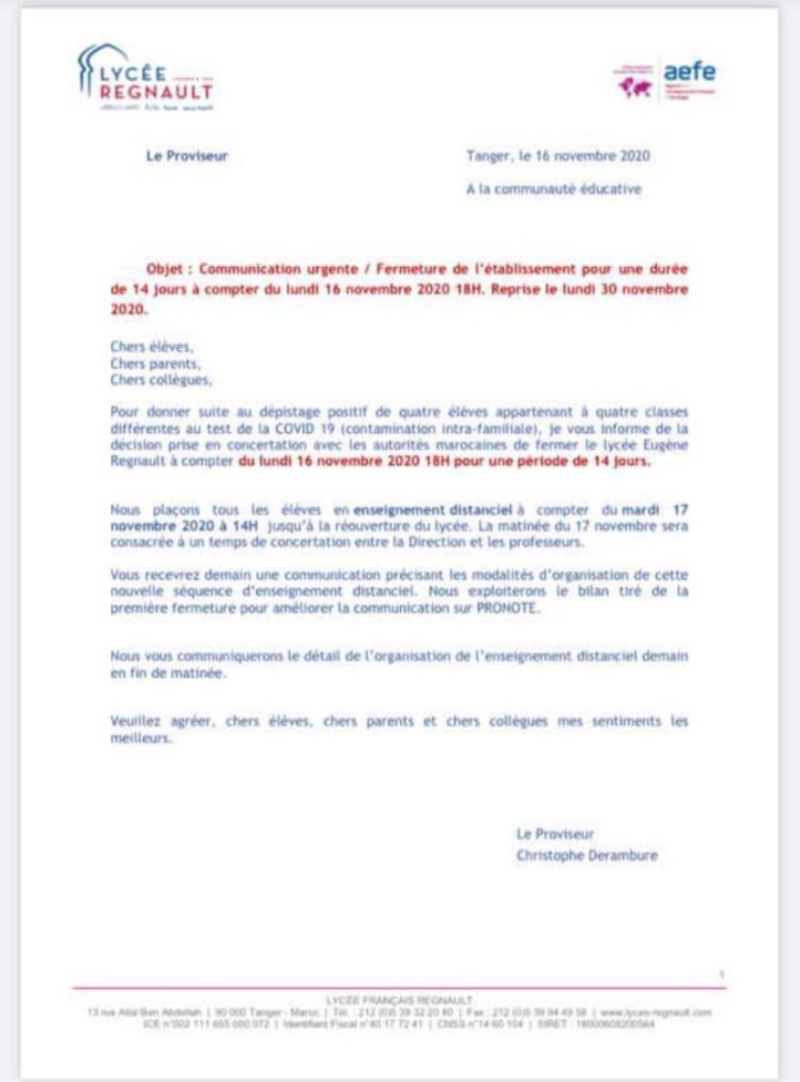 Tanger : fermeture du lycée français «Regnault», après la détection de plusieurs cas Covid Tanger : fermeture du lycée français «Regnault», après la détection de plusieurs cas Covid