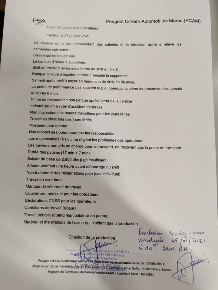 Revendications des représentants exprimées lors de la réunion avec l'administration