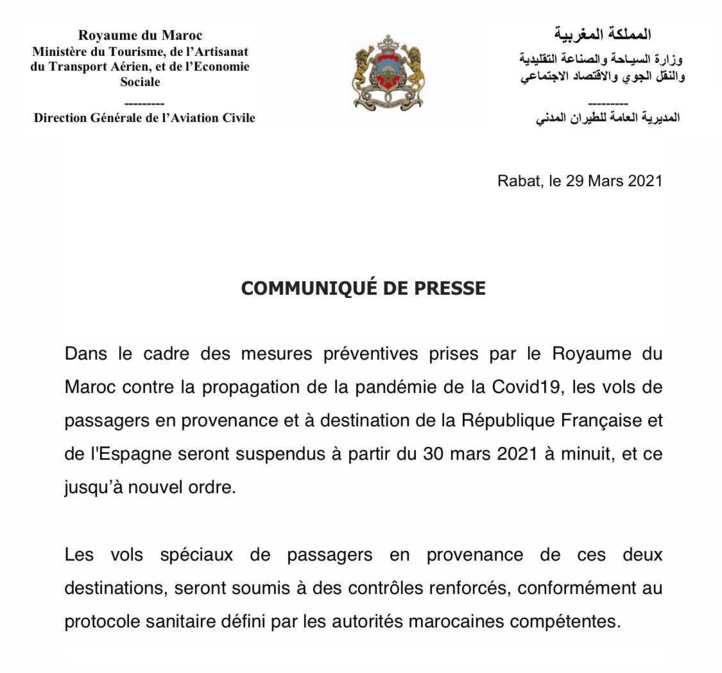 COVID : Le Maroc suspend ses liaisons aériennes avec la France et l’Espagne COVID : Le Maroc suspend ses liaisons aériennes avec la France et l’Espagne