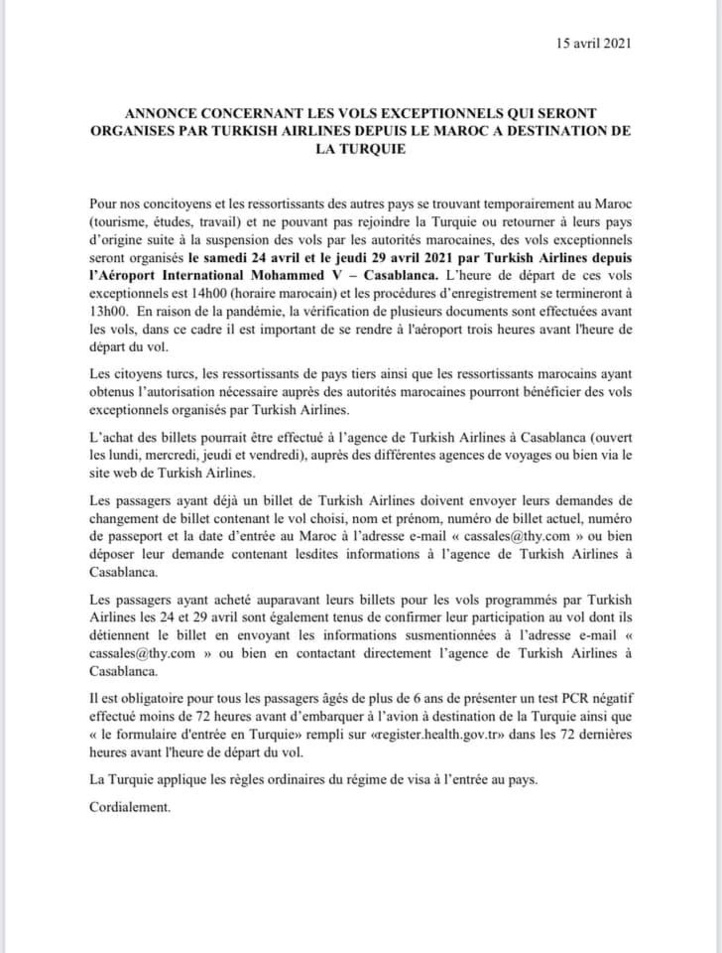 Turkish Airlines met en place des vols spéciaux entre le Maroc et la Turquie Turkish Airlines met en place des vols spéciaux entre le Maroc et la Turquie