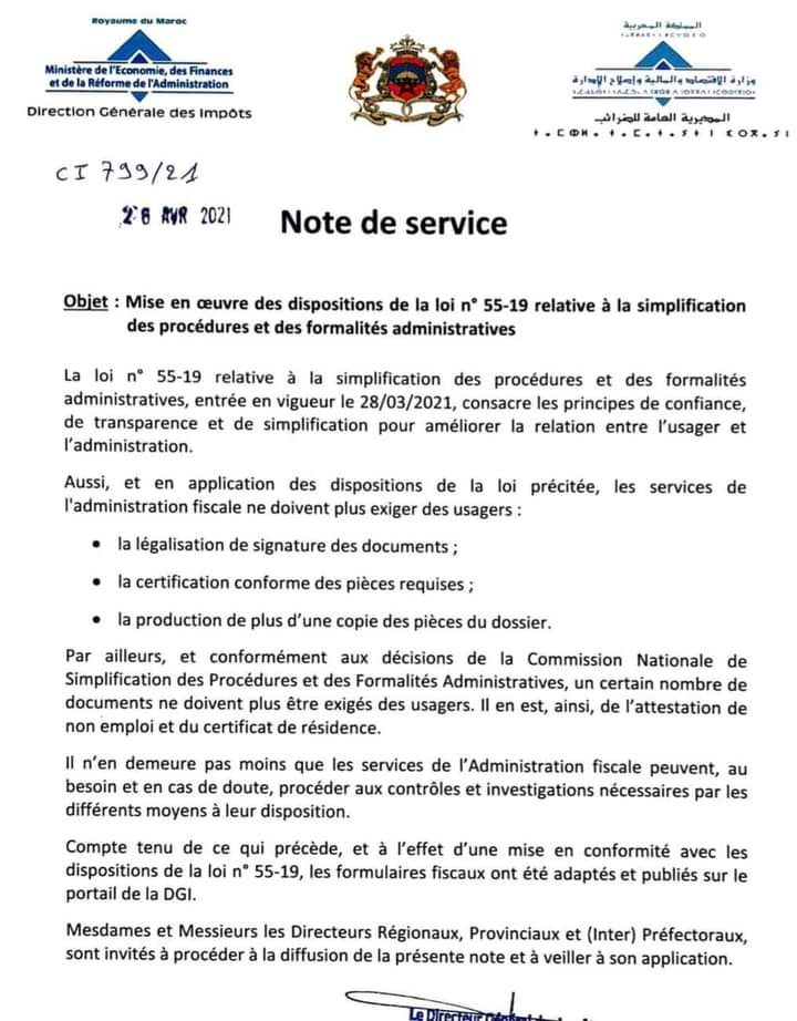 La direction des Impôts se conforme à la loi sur la simplification des procédures administratives La direction des Impôts se conforme à la loi sur la simplification des procédures administratives