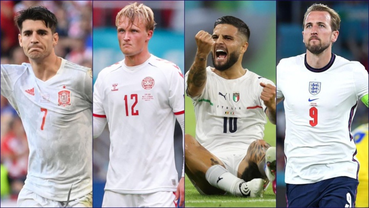 Alvaro Morata (Espagne), Kasper Dolberg (Danemark), Lorenzo Insigne (Italie) et Harry Kane (Angleterre). Alvaro Morata (Espagne), Kasper Dolberg (Danemark), Lorenzo Insigne (Italie) et Harry Kane (Angleterre).