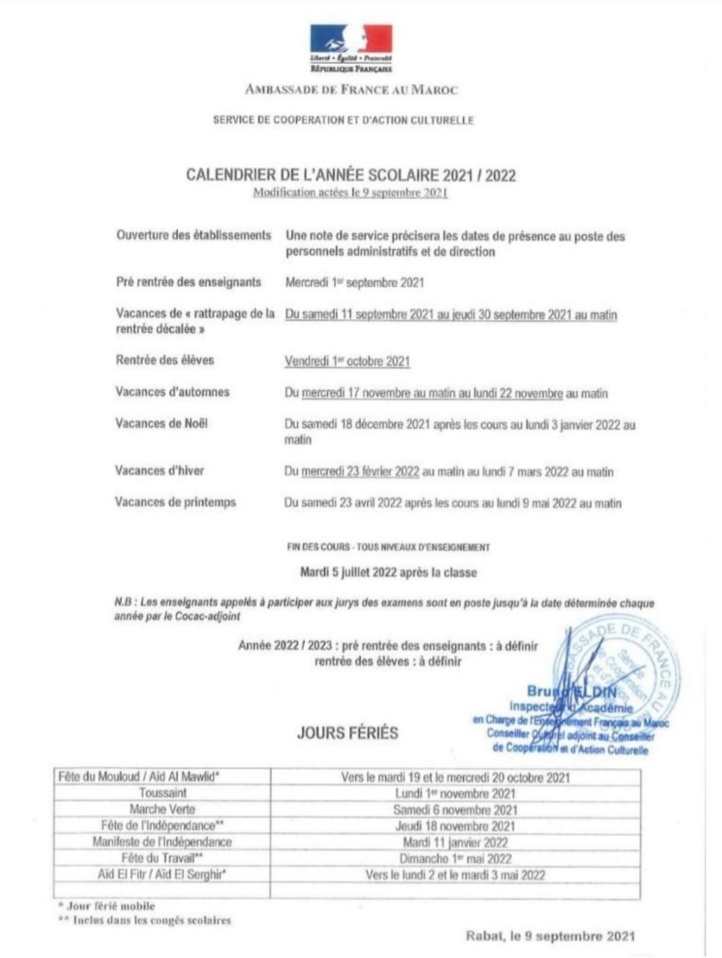 Mission française: L'Ambassade française dévoile le calendrier scolaire