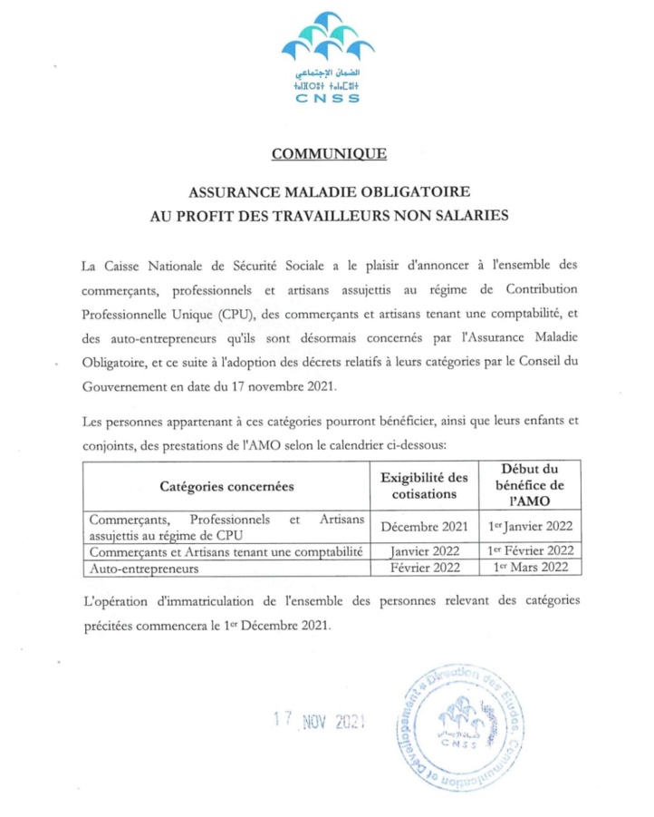 CNSS : Les travailleurs non-salariés peuvent désormais bénéficier de l'AMO CNSS : Les travailleurs non-salariés peuvent désormais bénéficier de l'AMO