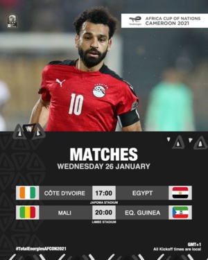 CAN 2021 : Ce mercredi, Egypte-Côte d’Ivoire  à 17h00 et Mali-Guinée-Equatoriale à 20h00 CAN 2021 : Ce mercredi, Egypte-Côte d’Ivoire  à 17h00 et Mali-Guinée-Equatoriale à 20h00