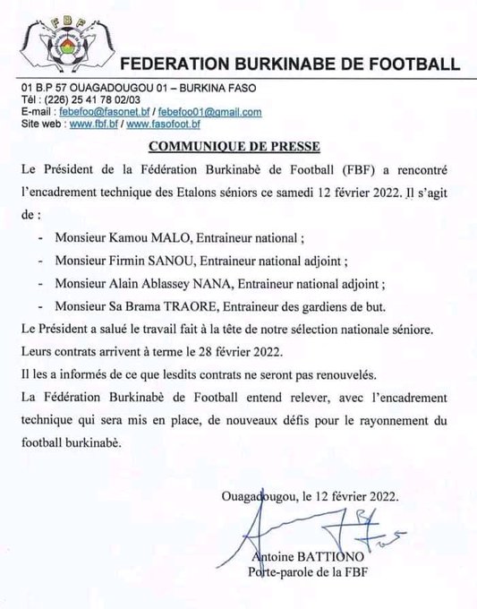 Post-CAN : Le Burkina Faso change son staff technique Post-CAN : Le Burkina Faso change son staff technique