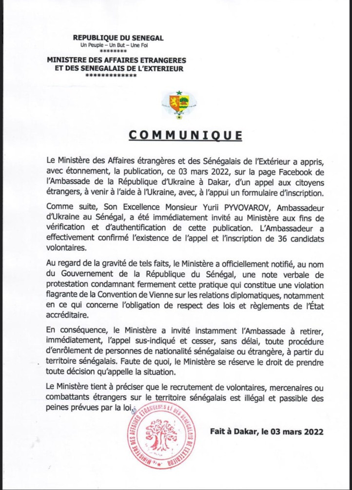 Guerre en Ukraine : Dakar appelle Kiev à cesser de recruter au Sénégal