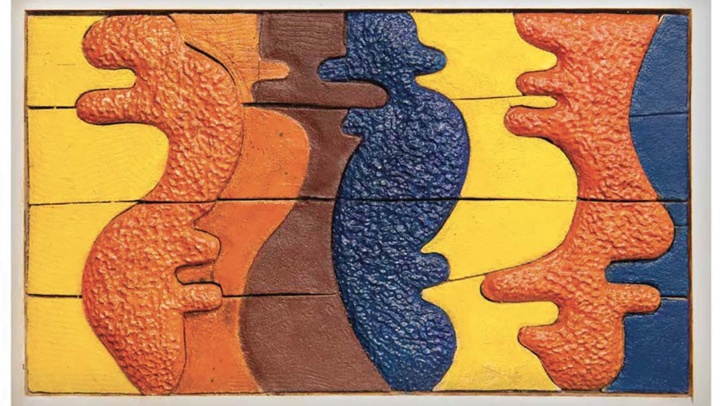 Maquette fresque de la poste. Céramique, 125x 75 cm, 1974.