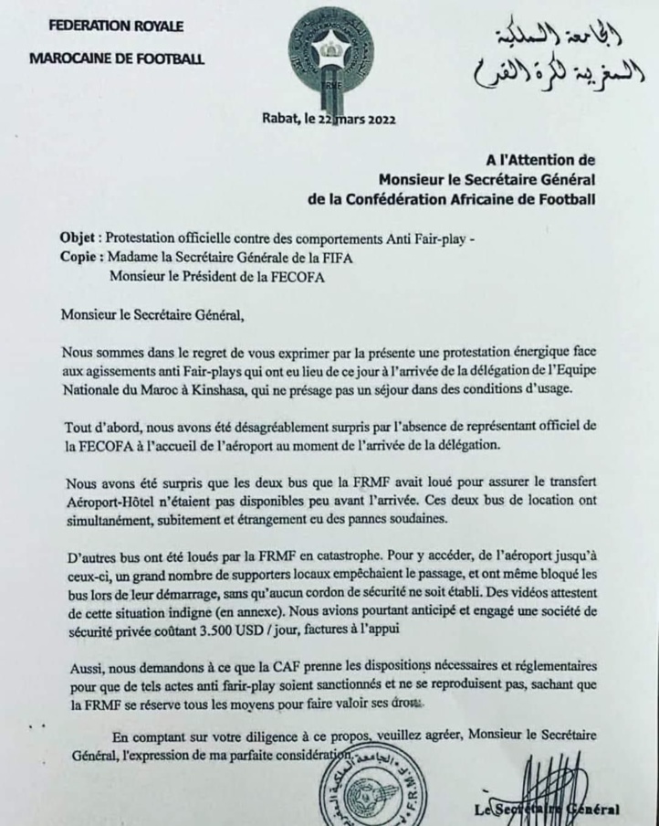 Barrages Mondial 2022 : Mal accueilli à Kinshasa, le Maroc appelle à des sanctions Barrages Mondial 2022 : Mal accueilli à Kinshasa, le Maroc appelle à des sanctions