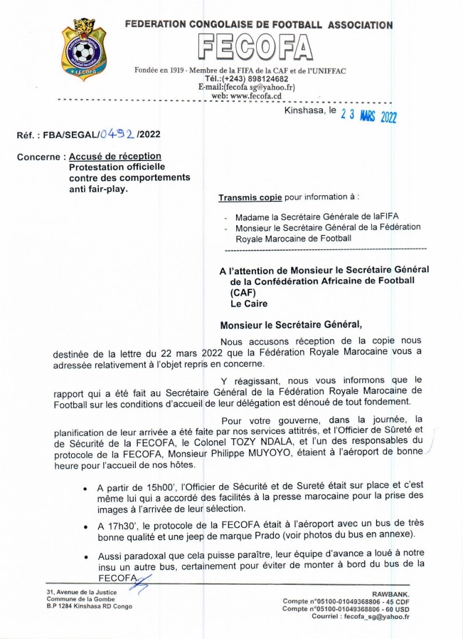 Barrage RDC-Maroc : La Fédération congolaise nie en bloc tout harcèlement de la délégation marocaine