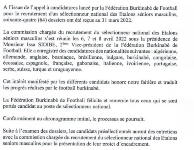 Incroyable mais vrai !  64 postulants au poste de sélectionneur de l’équipe nationale du Burkina Faso ! Incroyable mais vrai !  64 postulants au poste de sélectionneur de l’équipe nationale du Burkina Faso !