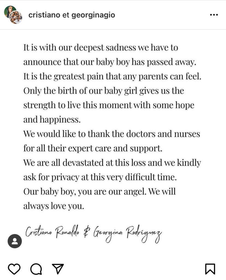 Ronaldo annonce la mort d'un de ses nouveau-nés Ronaldo annonce la mort d'un de ses nouveau-nés