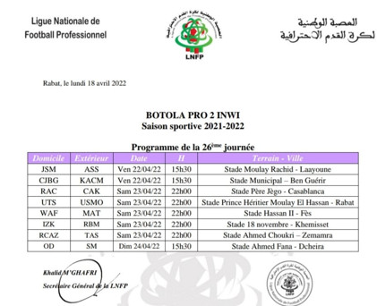 Botola Pro D2 : Classement et programme de la 26ème journée