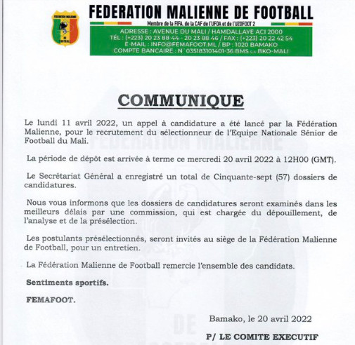 Foot africain : 57 candidats au poste de sélectionneur national malien! Foot africain : 57 candidats au poste de sélectionneur national malien!