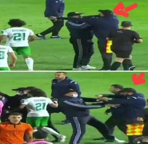 Coupe de la CAF / RSB-Al Masry (1-0/1-2) : Moïne Chaâbani, son adjoint et plusieurs joueurs égyptiens agressent l’arbitre après le sifflet final Coupe de la CAF / RSB-Al Masry (1-0/1-2) : Moïne Chaâbani, son adjoint et plusieurs joueurs égyptiens agressent l’arbitre après le sifflet final