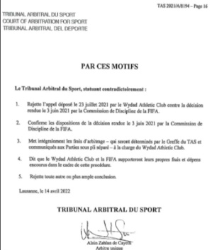 TAS : Le Wydad interdit des compétitions internationales et du mercato ! TAS : Le Wydad interdit des compétitions internationales et du mercato !