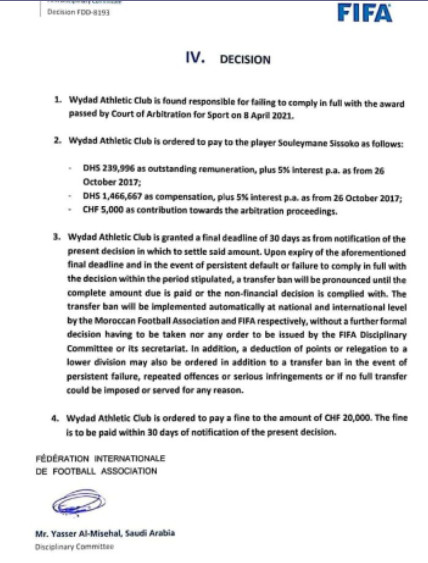 TAS :  Le Wydad interdit des compétitions internationales et du mercato !