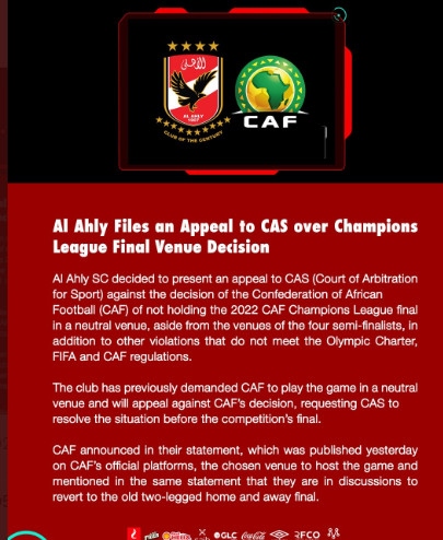 Finale de la Ligue des champions : Al Ahly récuse la décision de la CAF auprès du Tribunal Arbitral du Sport