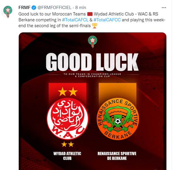 Coupes africaines : La Fédération (FRMF) souhaite bonne chance au Wydad et à la Renaissance ! Coupes africaines : La Fédération (FRMF) souhaite bonne chance au Wydad et à la Renaissance !