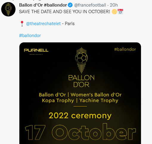 Ballon d’or 2022 : Les nominés dévoilés le 12 août, le vainqueur le 17 octobre