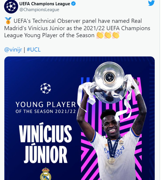 UEFA : Benzema meilleur joueur et Vinicius meilleur espoir de la Ligue des champions 2021-2022 UEFA : Benzema meilleur joueur et Vinicius meilleur espoir de la Ligue des champions 2021-2022