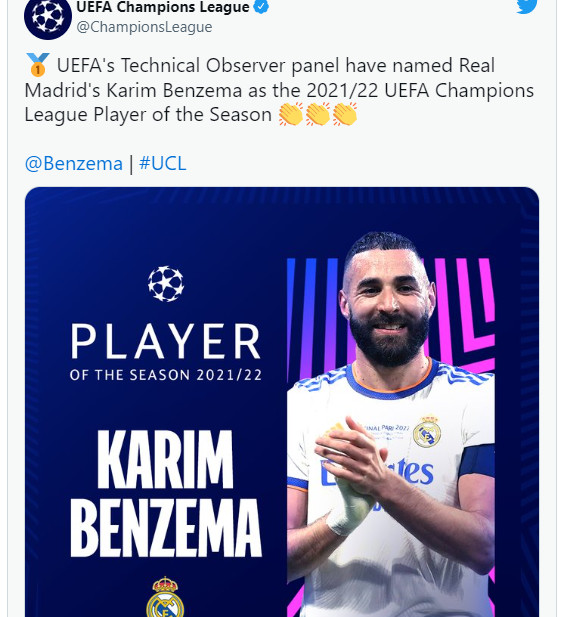 UEFA : Benzema meilleur joueur et Vinicius  meilleur espoir de la Ligue des champions 2021-2022