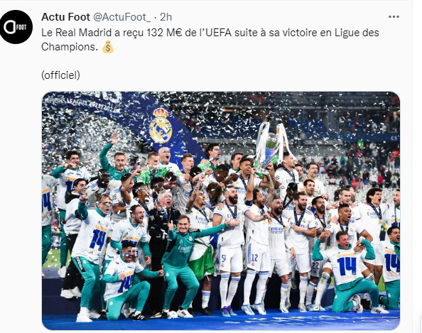 Vainqueur de la Ligue des champions : Le Real reçoit de l’UEFA 132 M€ Vainqueur de la Ligue des champions : Le Real reçoit de l’UEFA 132 M€