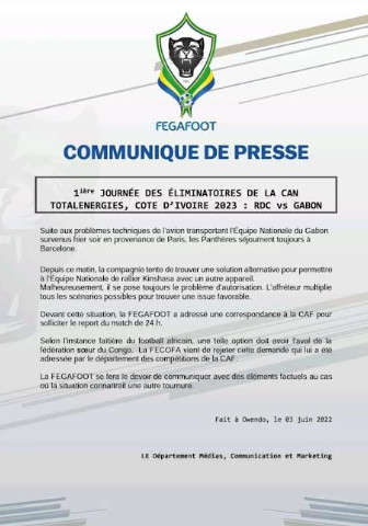 Eliminatoires CAN 2023 : Possible report du match RDC-Gabon prévu ce samedi à 16h00 Eliminatoires CAN 2023 : Possible report du match RDC-Gabon prévu ce samedi à 16h00