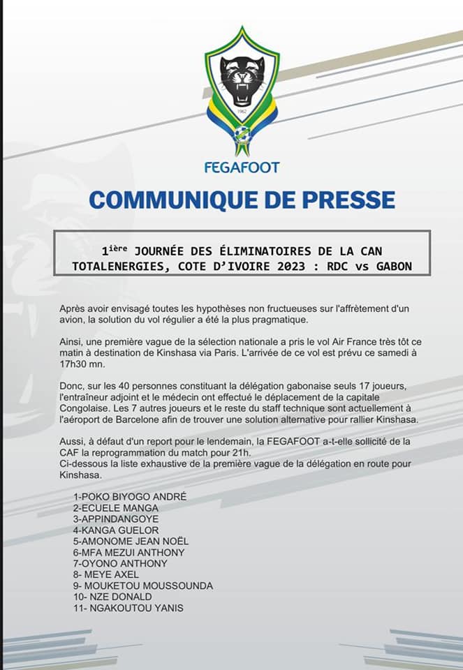 RDC-Gabon / Acte 2 : Seuls 17 joueurs, l’entraîneur adjoint et le médecin ont effectué le déplacement ! RDC-Gabon / Acte 2 : Seuls 17 joueurs, l’entraîneur adjoint et le médecin ont effectué le déplacement !
