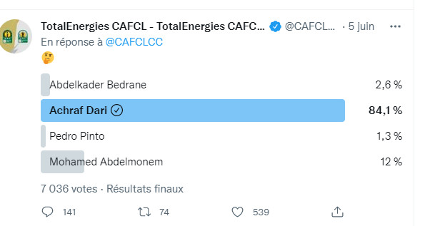 Ligue des Champions : La CAF déclare Achraf Dari meilleur défenseur axial avec 84,1% des votes Ligue des Champions : La CAF déclare Achraf Dari meilleur défenseur axial avec 84,1% des votes