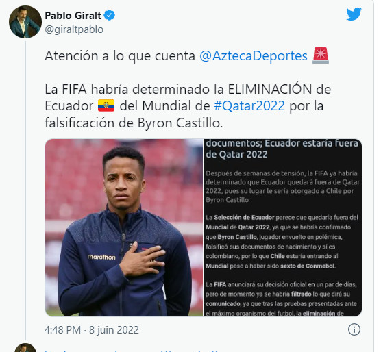 Coupe du monde 2022 : L’Equateur serait disqualifié et remplacé par le Chili Coupe du monde 2022 : L’Equateur serait disqualifié et remplacé par le Chili