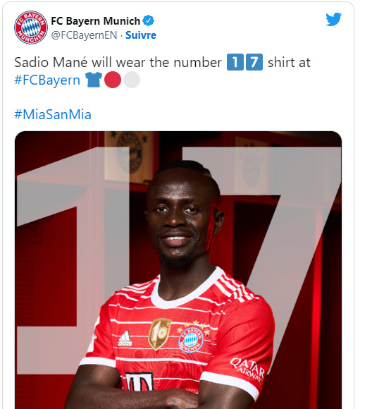 Sadio Mané : Le numéro 17 du Bayern contre 1, 650,000 € par mois ! Sadio Mané : Le numéro 17 du Bayern contre 1, 650,000 € par mois !