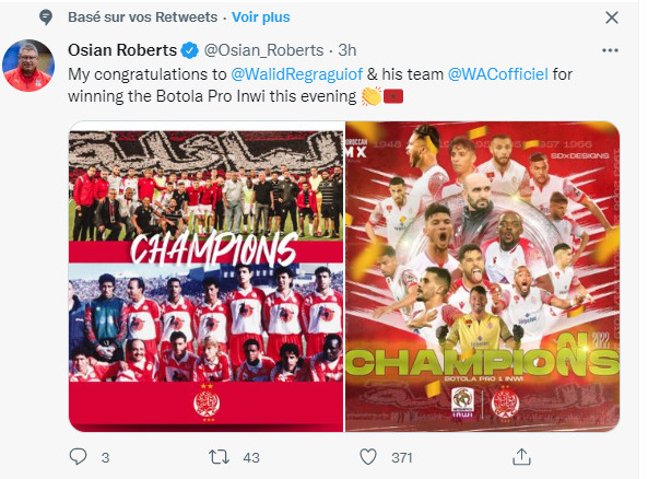 Sacre du Wydad : Les félicitations ‘’se bousculent’’ ! Sacre du Wydad : Les félicitations ‘’se bousculent’’ !