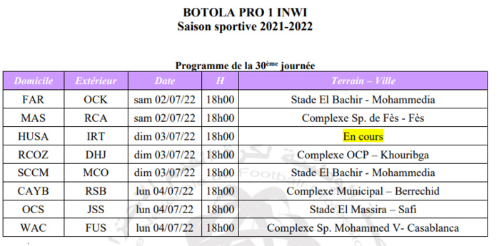 Botola D1/ 30e journée: Le sacre du Wydad fêté le lundi 4 juillet Complexe MohammedV Botola D1/ 30e journée: Le sacre du Wydad fêté le lundi 4 juillet Complexe MohammedV