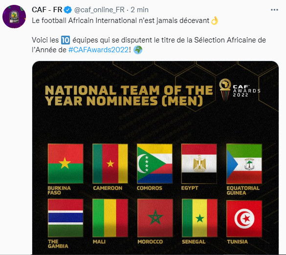 CAF :  Le Maroc fait partie des 10 nominés au titre de la meilleure équipe nationale africaine de l’année