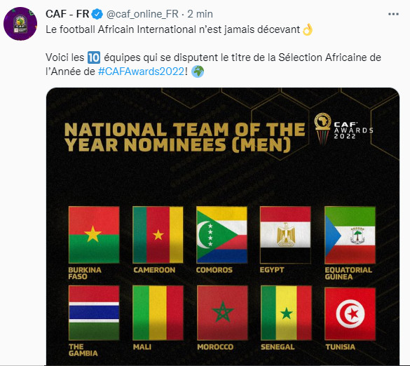 CAF : Le Maroc fait partie des 10 nominés au titre de la meilleure équipe nationale africaine de l’année CAF : Le Maroc fait partie des 10 nominés au titre de la meilleure équipe nationale africaine de l’année