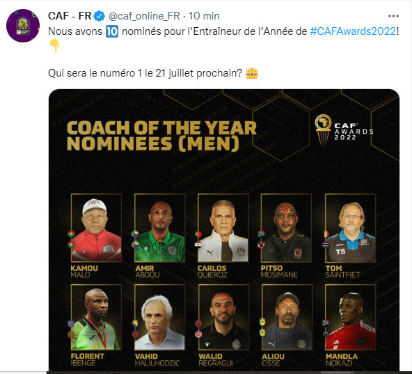 CAF : Vahid, Regragui et Ibengé parmi les nominés au titre du meilleur coach CAF : Vahid, Regragui et Ibengé parmi les nominés au titre du meilleur coach