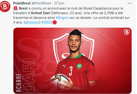 Transfert  : Achraf Dari Brestois pour 4 saisons contre 2,7M€