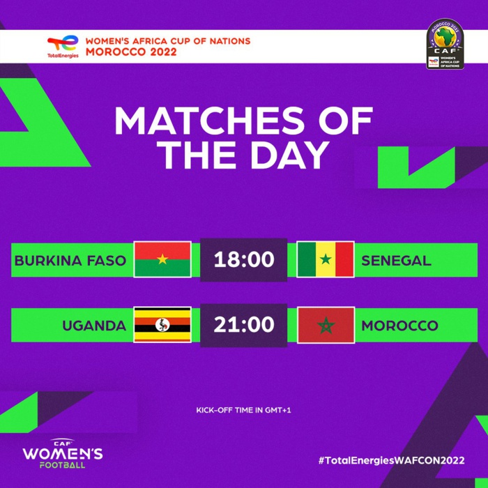 CAN Féminine -Maroc 2022 / 2e journée / Groupe A : Maroc – Ouganda (21h00) et Sénégal – Burkina Faso (18h00) CAN Féminine -Maroc 2022 / 2e journée / Groupe A : Maroc – Ouganda (21h00) et Sénégal – Burkina Faso (18h00)