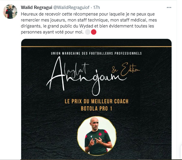 Wydad : Regragui désigné ‘Meilleur’’ coach du Botola Wydad : Regragui désigné ‘Meilleur’’ coach du Botola
