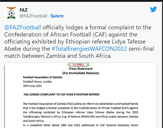 CAN féminine / Demi Finale / Zambie-Afrique du Sud : La Zambie demande à rejouer sa demi-finale ! CAN féminine / Demi Finale / Zambie-Afrique du Sud : La Zambie demande à rejouer sa demi-finale !