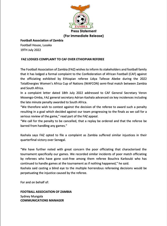 CAN féminine / Demi Finale / Zambie-Afrique du Sud : La Zambie demande à rejouer sa demi-finale ! CAN féminine / Demi Finale / Zambie-Afrique du Sud : La Zambie demande à rejouer sa demi-finale !