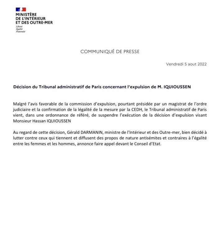 Le Tribunal administratif de Paris suspend l'expulsion de l'imam Hassan Iquioussen