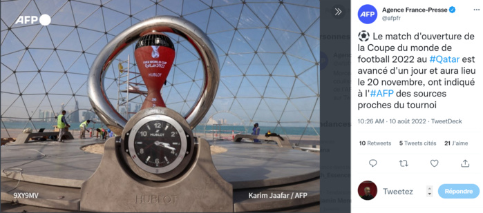 Mondial 2022 / Match d’ouverture : Dimanche 20 novembre au lieu du lundi 21 novembre Mondial 2022 / Match d’ouverture : Dimanche 20 novembre au lieu du lundi 21 novembre